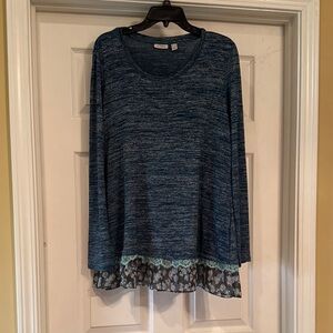 LOGO by Lori Goldstein Blue Long Sleeve Top with Lace Hem